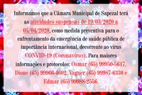 Atividades suspensas na Câmara Municipal de Sapezal até 05/04/2020